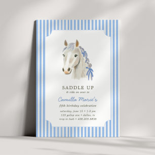 Invitation Filles Saddup Preppy Pony Horse Blue Anniversaire