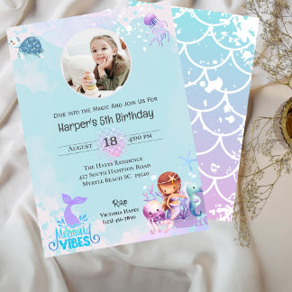 Invitation Filles Sirène photo sous la mer 5e anniversaire