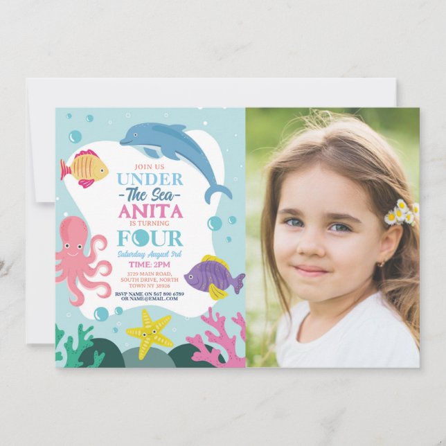 Invitation Filles sous la mer quatre dauphin océan photo 4ème (Devant)