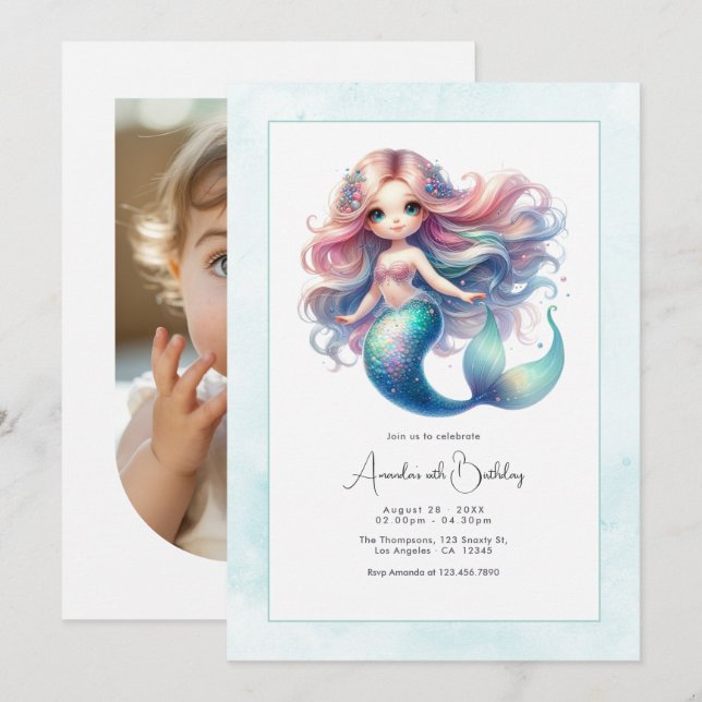 Invitation Filles sous l'océan Fête d'anniversaire de sirène  (Devant / Derrière)