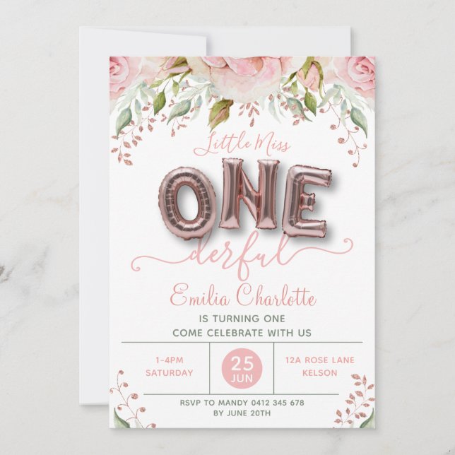 Invitation Filles superbes Balloon rose 1er anniversaire (Devant)