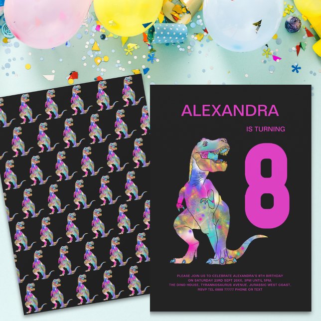 Invitation Filles T-Rex Dinosaure 8ème Anniversaire Rose (Girls dinosaur colorful T-Rex 8th birthday party pink and black invitation modern typography )