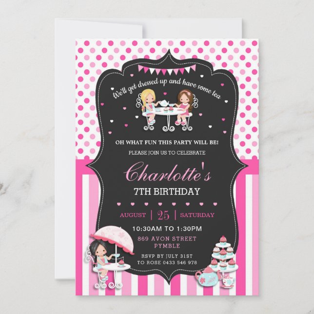 Invitation Filles Tea Party Anniversaire Pois roses chaudes (Devant)