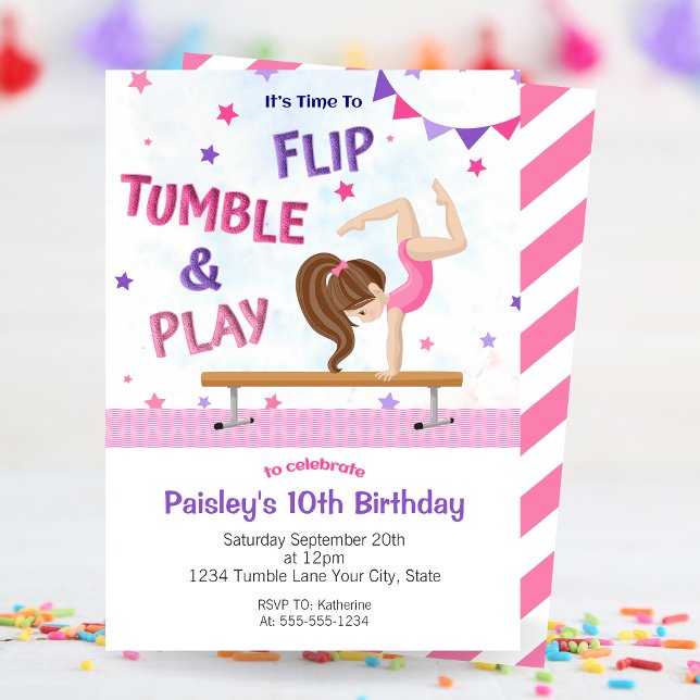 Invitation Filles Tourner Tumble & Jouer Gymnastique Annivers (Girls Flip Tumble & Play Gymnastics Birthday Party Invitation)