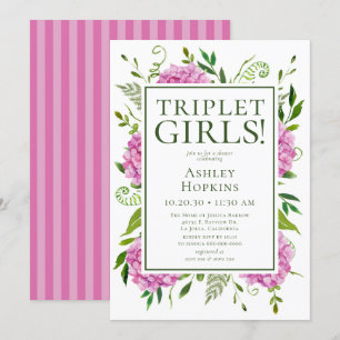 Invitation Filles Triplées Fleurs d'Hydrange Rose Baby Shower