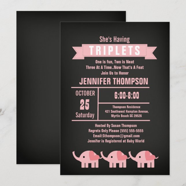 Invitation Filles Triplet Elephant Baby shower Chalkboard (Devant / Derrière)
