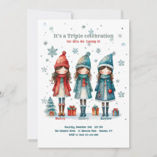 Invitation Filles Triplet Noël Fête d'anniversaire