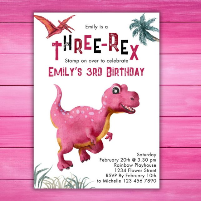 Invitation Filles Trois-Rex 3e Anniversaire Dinosaure Rose Di (Créateur téléchargé)