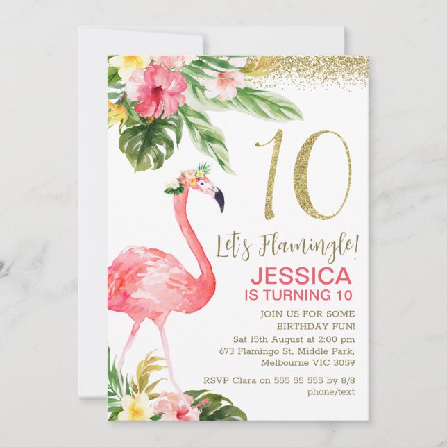 Invitation Filles Tropical Foral Flamingle 10e anniversaire (Devant)