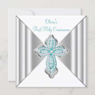 Invitation Filles Turquoise bleu Première communion