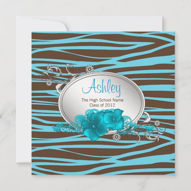 Invitation Filles Turquoise Blue Zebra Annonces de graduation (Devant)