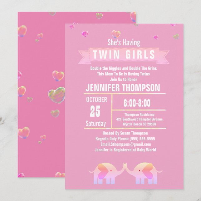 Invitation Filles Twin Elephant Baby shower rose/violet (Devant / Derrière)
