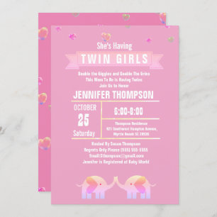 Invitation Filles Twin Elephant Baby shower rose/violet