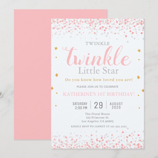 Invitation Filles Twinkle Little Star Rose & Or 1er anniversa (Devant / Derrière)