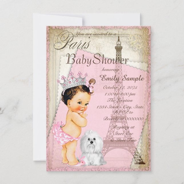 Invitation Filles Vintage Paris Princesse Baby Shower (Devant)