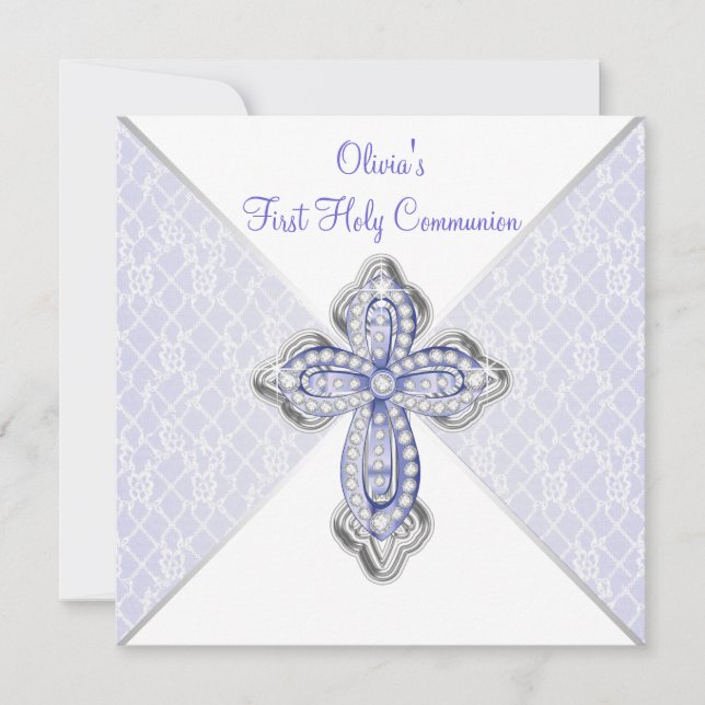 Invitation Filles Violet Dentelle Première Communion (Devant)