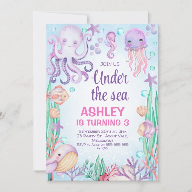 Invitation Filles Violettes Sous La Mer Octopus Anniversaire (Devant)