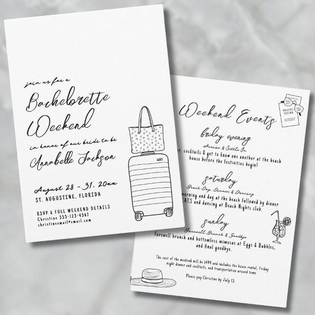 Invitation Filles Whimsical Tiré À La Main Trip Bachelorette  (Hand Drawn Whimsical Quirky Bachelorette Party Invitation)