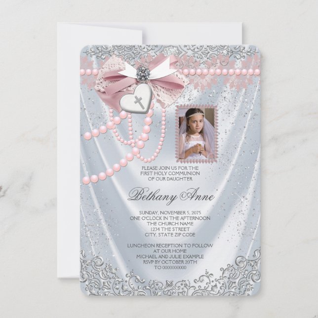 Invitation Filles White Satin Photo Première communion (Devant)