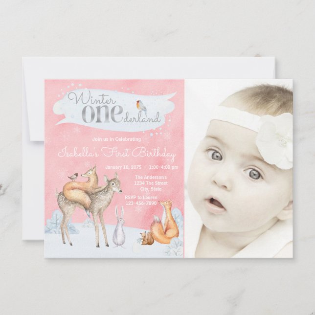 Invitation Filles Woodland Winter ONE derland Photo Anniversa (Devant)