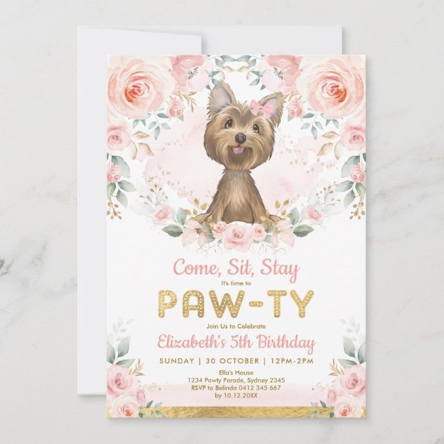 Invitation Filles Yorkie fête d'anniversaire | Yorkshire Terr (Devant)