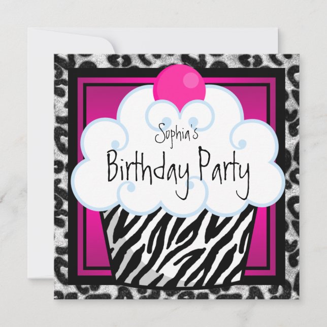 Invitation Filles Zèbre Rose Chaud Gâteau d'anniversaire (Devant)