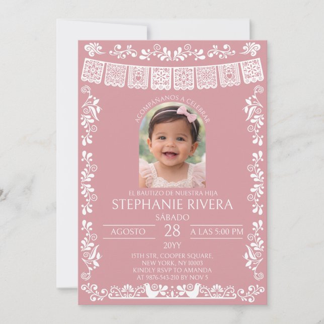 Invitation Fillet Rose Baptême Fille Photo Baptême (Devant)