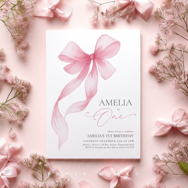 Invitation Fillet Rose Fille Coquette 1er Anniversaire  (Pink Bow 1st Birthday Invitation Girls invite)