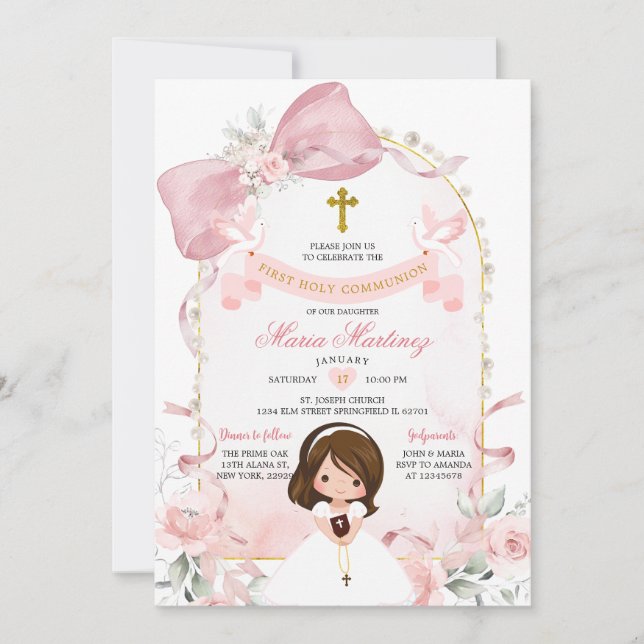 Invitation Fillet rose pâle perle fille première communion so (Devant)