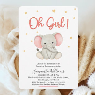 Invitation Fillette aux Joues Roses Eléphant Bébé Douche