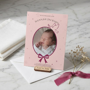 Invitation Fillette bébé photo ovale ruban rose vintage