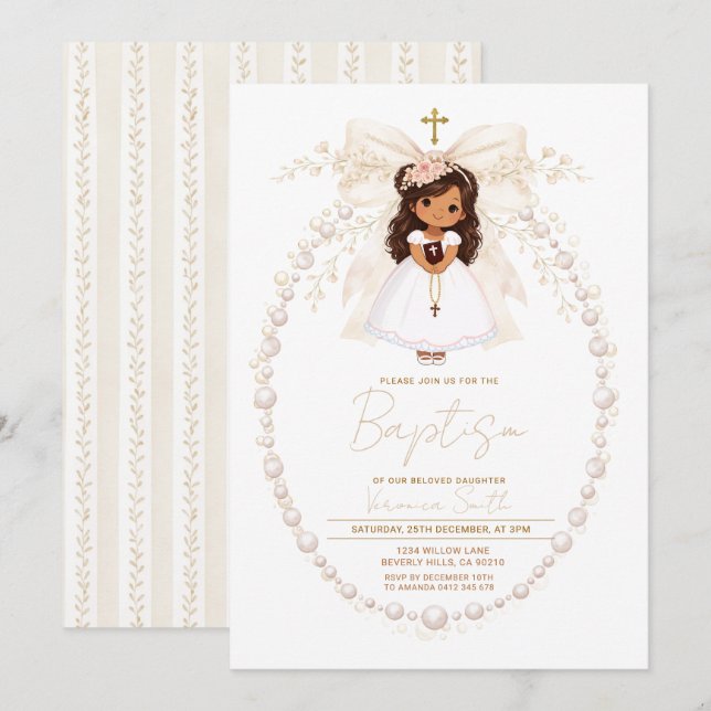 Invitation Fillette de baptême élégante perle arc  (Devant / Derrière)
