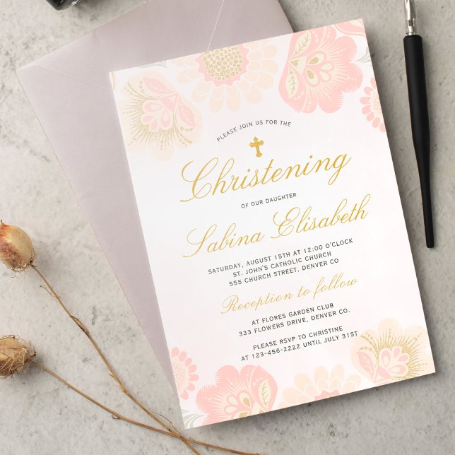 Invitation Fillette florale rose pâle baptême croix dorée (Créateur téléchargé)