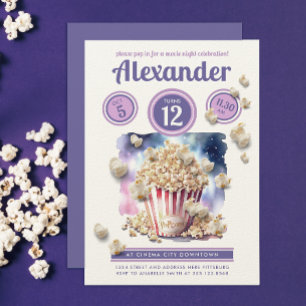 Invitation Fillette Purple Popcorn Film Nuit Cinéma Aquarelle