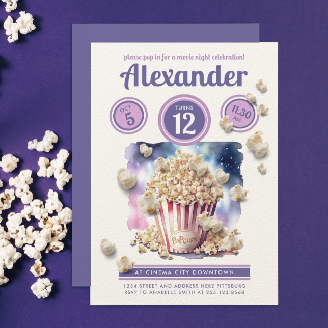 Invitation Fillette Purple Popcorn Film Nuit Cinéma Aquarelle (Créateur téléchargé)