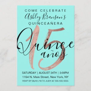 Invitation Fillette simple Aqua Blue Rose Gold Foil Quinceañe