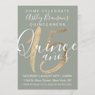 Invitation Fillette simple Sage Green Gold Foil Quinceañera
