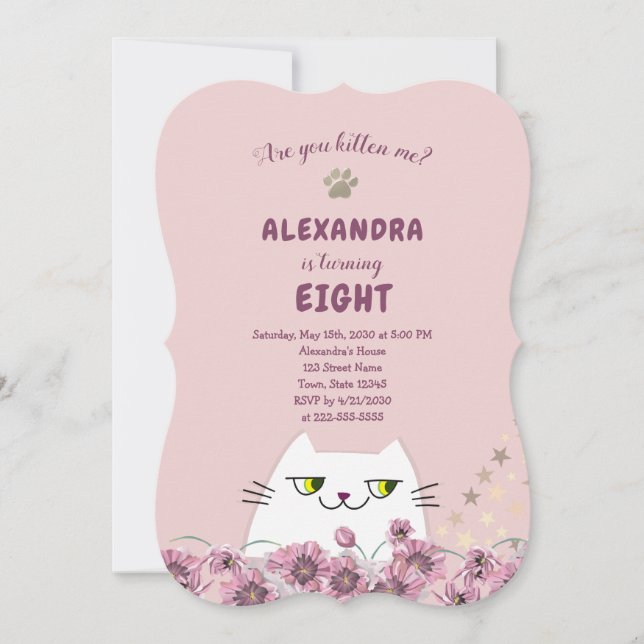 Invitation Fillettes Anniversaire Chat Mignon Rose (Devant)