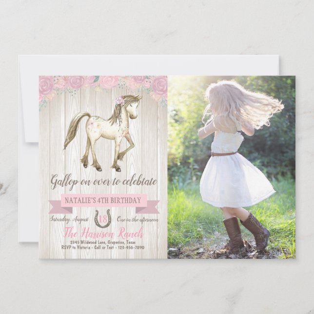 Invitation Fillettes Cowgirl Cheval Photo Anniversaire Fête (Devant)