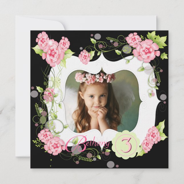 Invitation Fillettes Rose Noir Photo 3e Anniversaire (Devant)