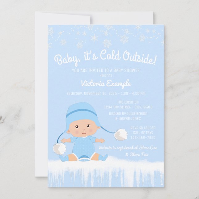 Invitation Filleul Bébé il fait froid dehors Bleu Hiver Baby  (Devant)