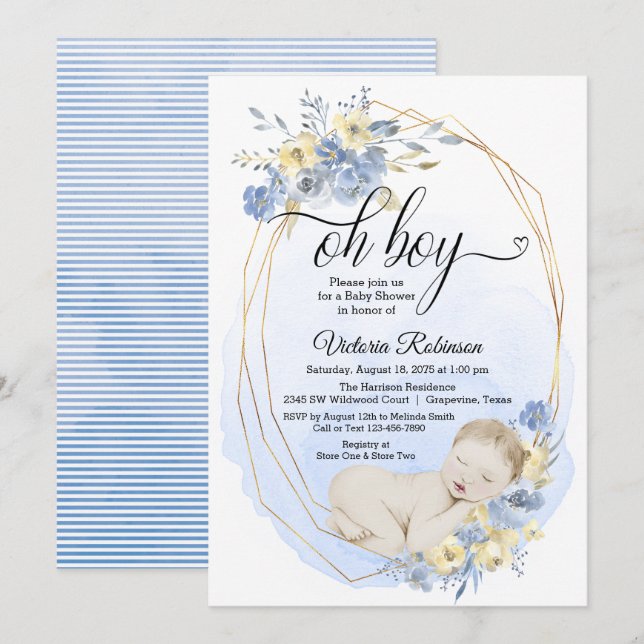 Invitation Filleul Fête de Bébé Aquarelle Bleu Or (Devant / Derrière)
