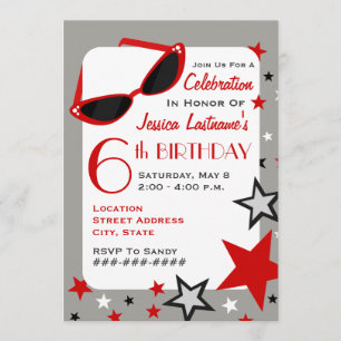 Invitation Film Star Red Sunglasses & Stars Girl's Birthday