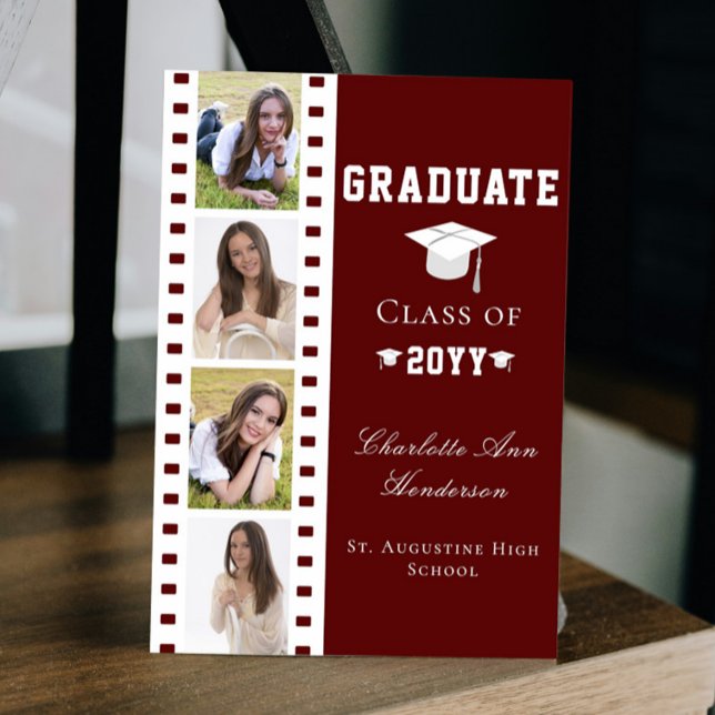 Invitation Filmstrip Four Photo Collage Graduation | Red (Red Filmstrip Four Photo Collage Graduation Announcement Invitation)