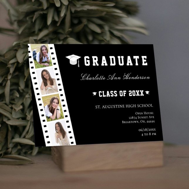 Invitation Filmstrip Four Photo Collage Open House | Black (Black Filmstrip Four Photo Collage Graduation Open House Invitation)