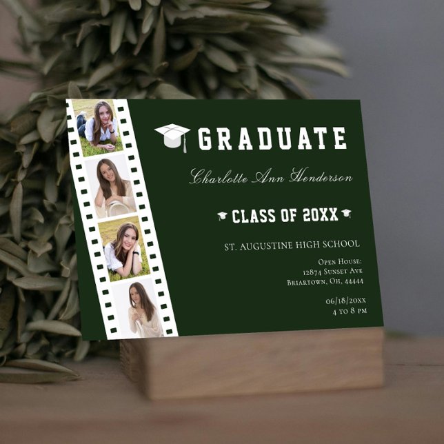 Invitation Filmstrip Four Photo Collage Open House | Green (Green Filmstrip Four Photo Collage Graduation Open House Invitation)