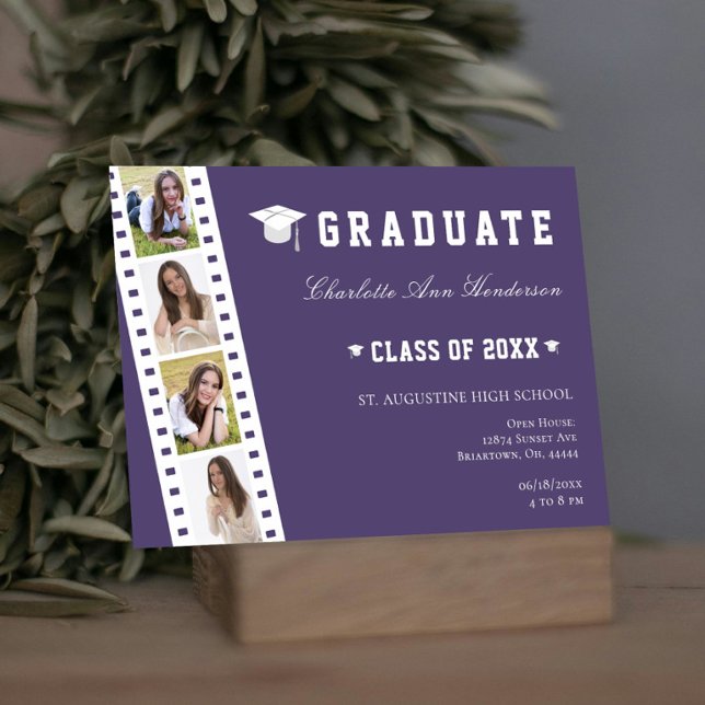Invitation Filmstrip Four Photo Collage Open House | Pourpre (Purple Filmstrip Four Photo Collage Graduation Open House Invitation)