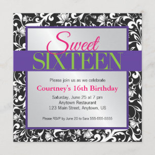 Invitation Fils blancs sur Black Sweet 16 Anniversaire