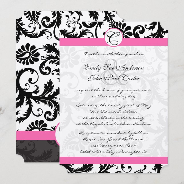 Invitation Fils Damas Noir & Blanc Fuchsia Trier Rose (Devant / Derrière)