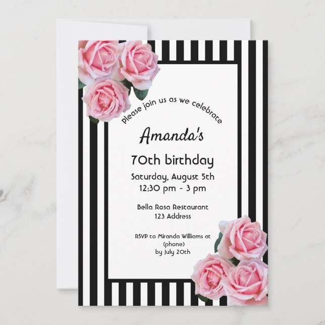 Invitation Fils roses à 70e anniversaire sur bandes blanches  (Devant)